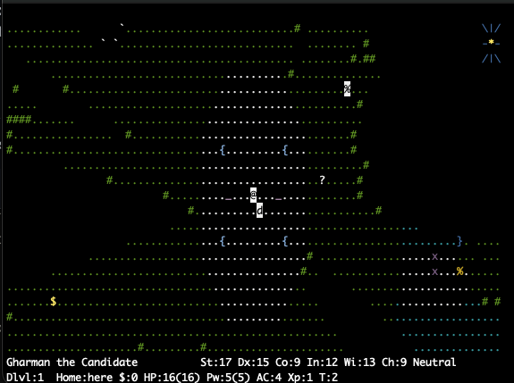 The starting plaza at the center of the world, with the hero and a pet dog among three high altars on Dlvl 1 and the status line reading Home:here.