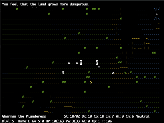 A hero on Dlvl 5, 64 squares west of home among ruined walls, with the message line reading You feel that the land grows more dangerous.