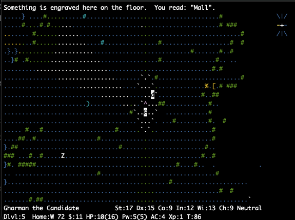 The hero on Dlvl 5 next to a magic portal inside a ring of rocks, with the status line reading Home:W 72 and the message line reading an engraving that says Mall.
