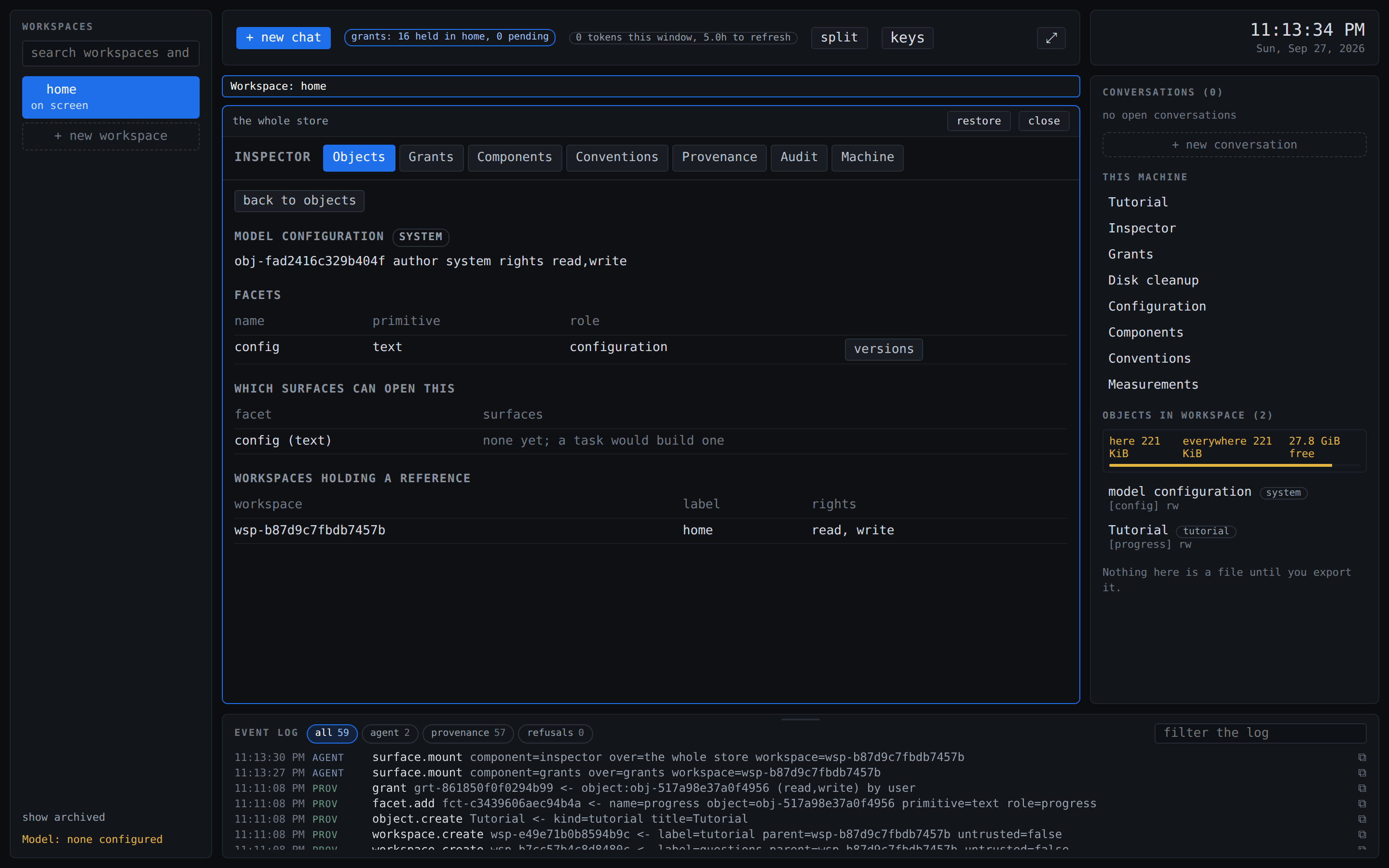 The Inspector open on the model configuration object, listing its one facet, the surfaces that can open it, and the one workspace holding a reference to it.